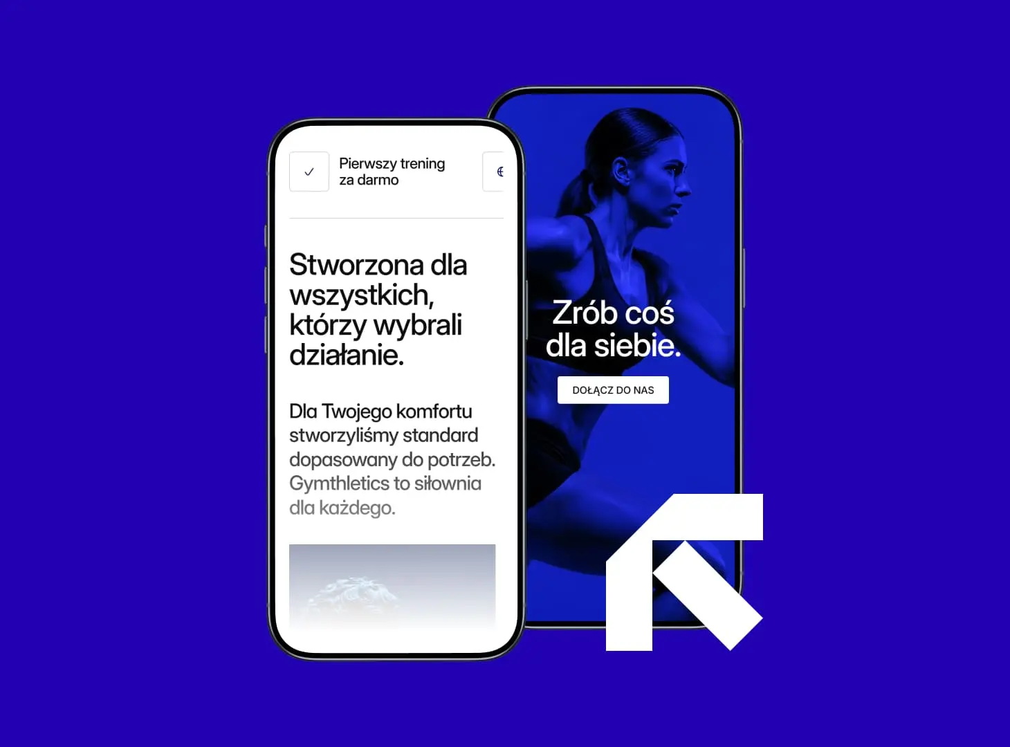 Two mobile UI screens for Gymthletics on a blue background; one shows a white informational page about comfort and standards, the other features a blue-tinted photo of a female athlete with a "Join Us" button.