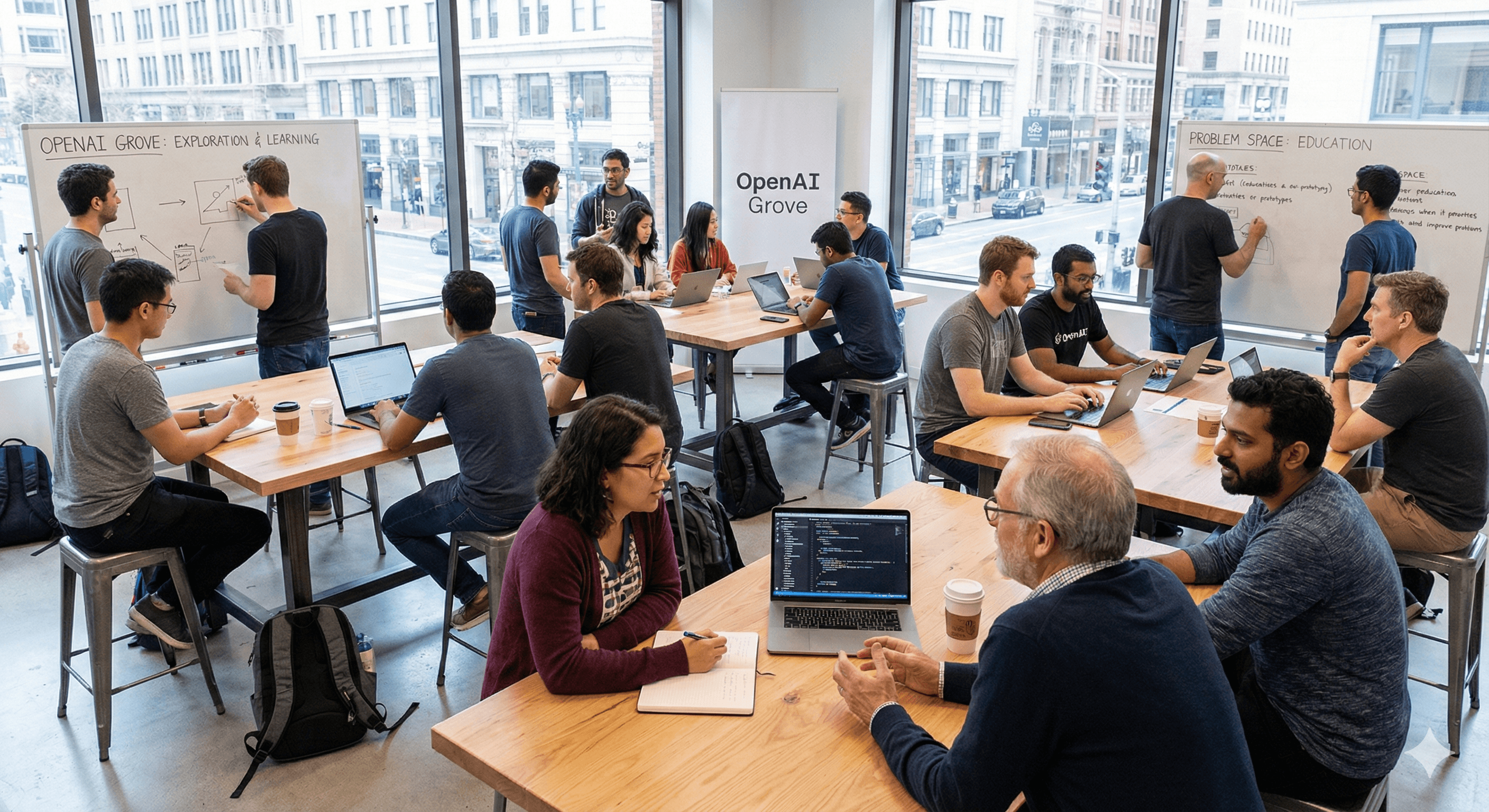 A group of people engaging in collaborative discussions and brainstorming sessions around wooden tables in a modern, open-concept office space with expansive windows displaying views of an urban landscape, promoting a productive environment at OpenAI Grove.