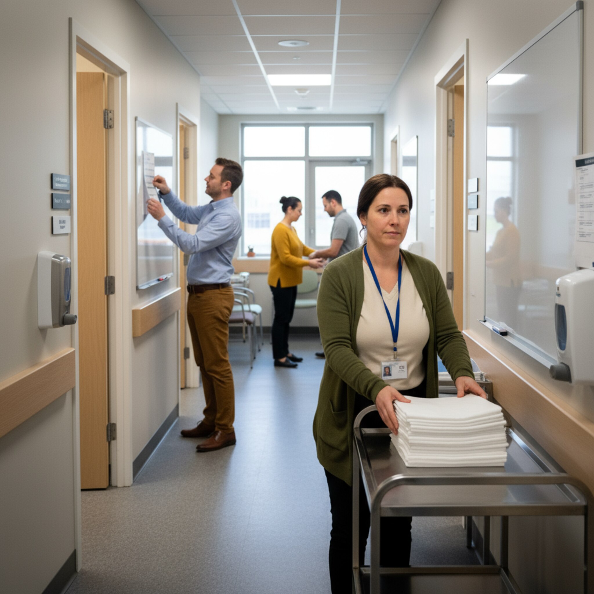 Ein Team richtet mehrere Sprechzimmer vor Öffnung her. Jemand legt frische Abdecktücher bereit, eine Kollegin hängt eine Tagesübersicht an ein Whiteboard. Der Flur ist ruhig, Türen stehen halb offen. Alles wirkt vorbereitet, strukturiert und auf pünktliche Termine ausgerichtet.