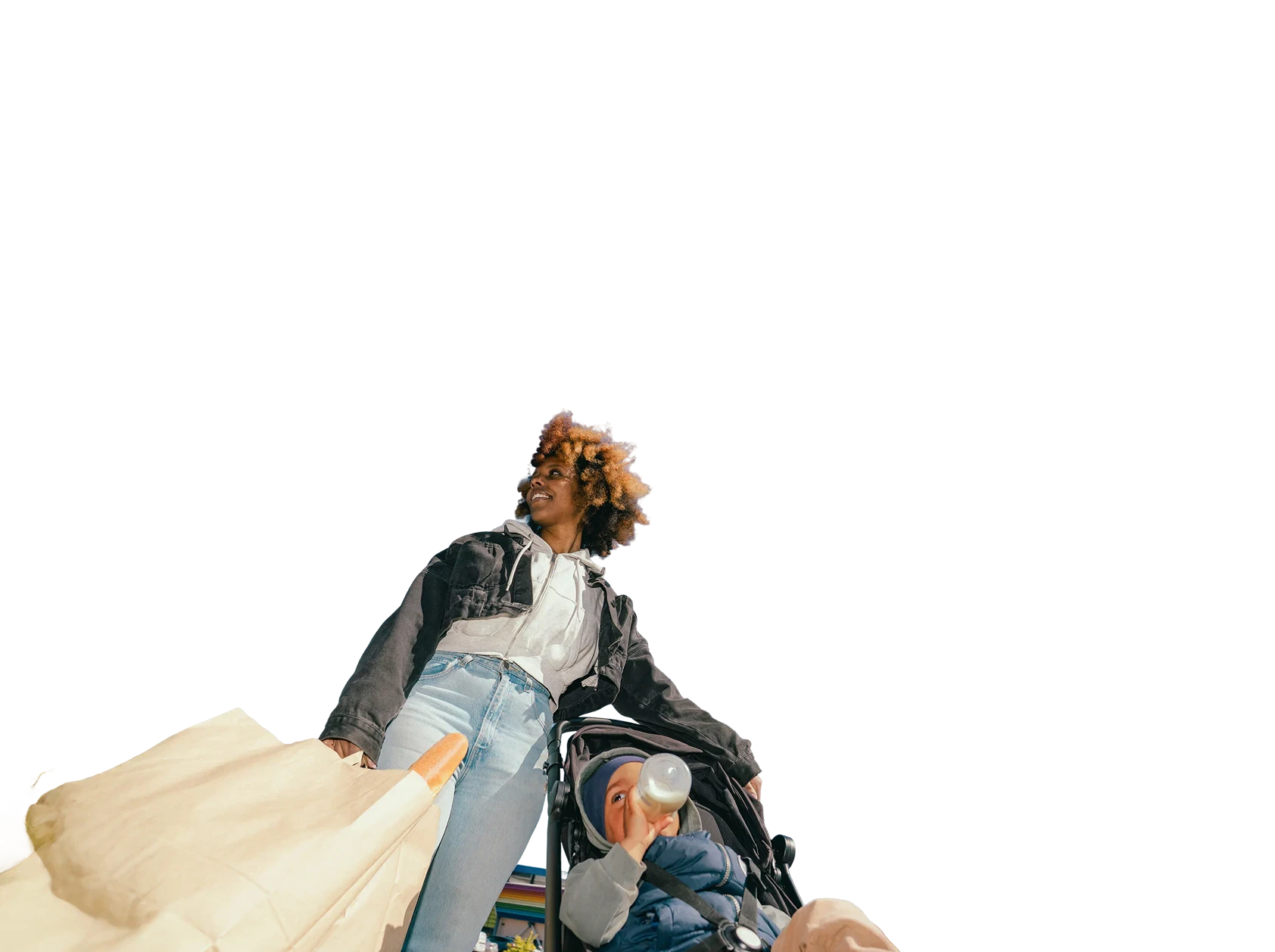 A mother and her toddler in transparent background, wearing casual clothing and looking confidently ahead.