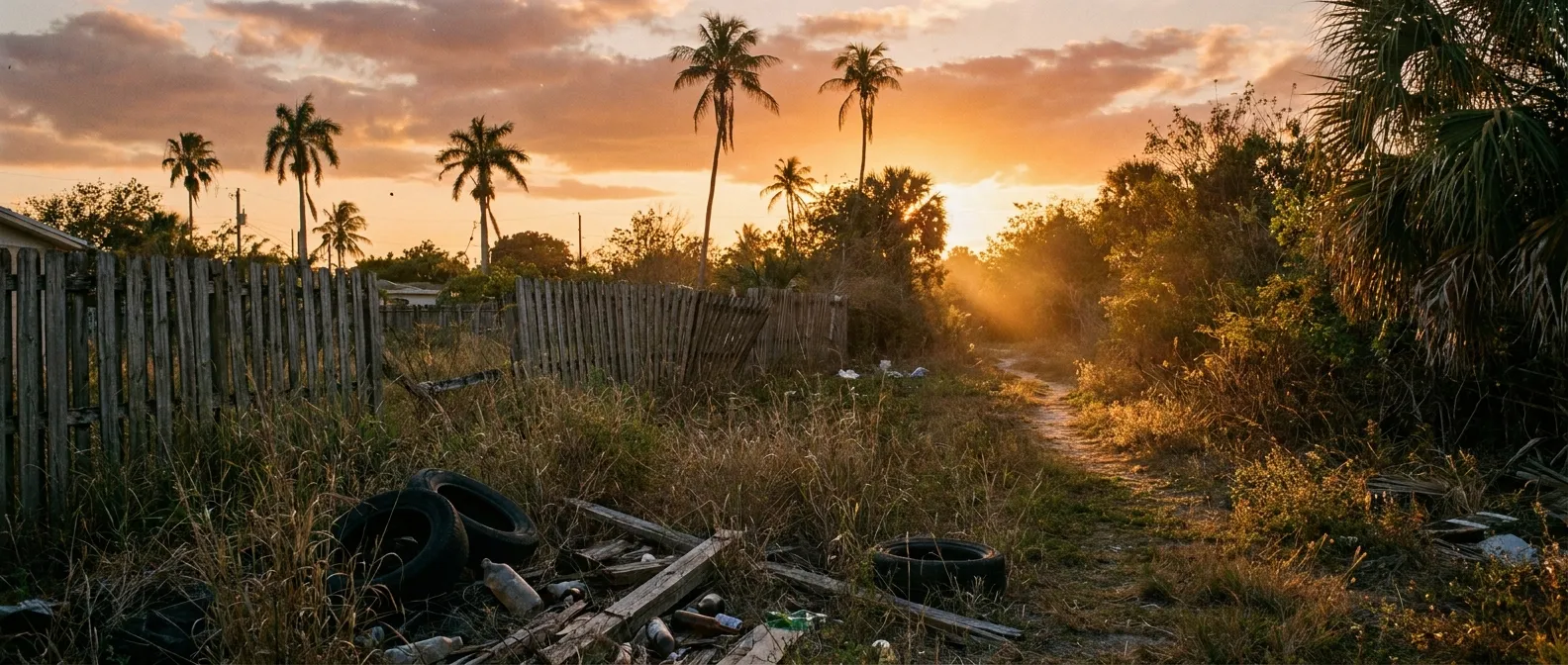 Sunset over a rustic path with palm trees, emphasizing Digital Marketing by RockN' Socials.