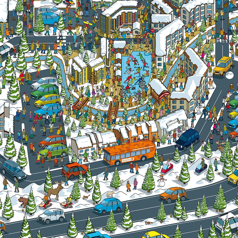 A "Where's Waldo?" style illustration showing a ski resort packed with various of cars, people, and buildings.