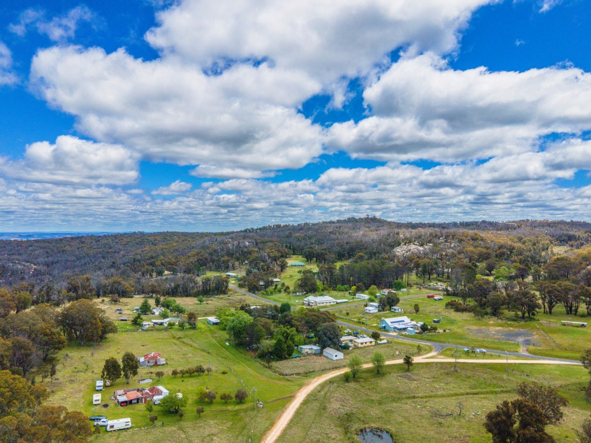 Aerial drone survey view of a rural township and regional landscape in Queensland