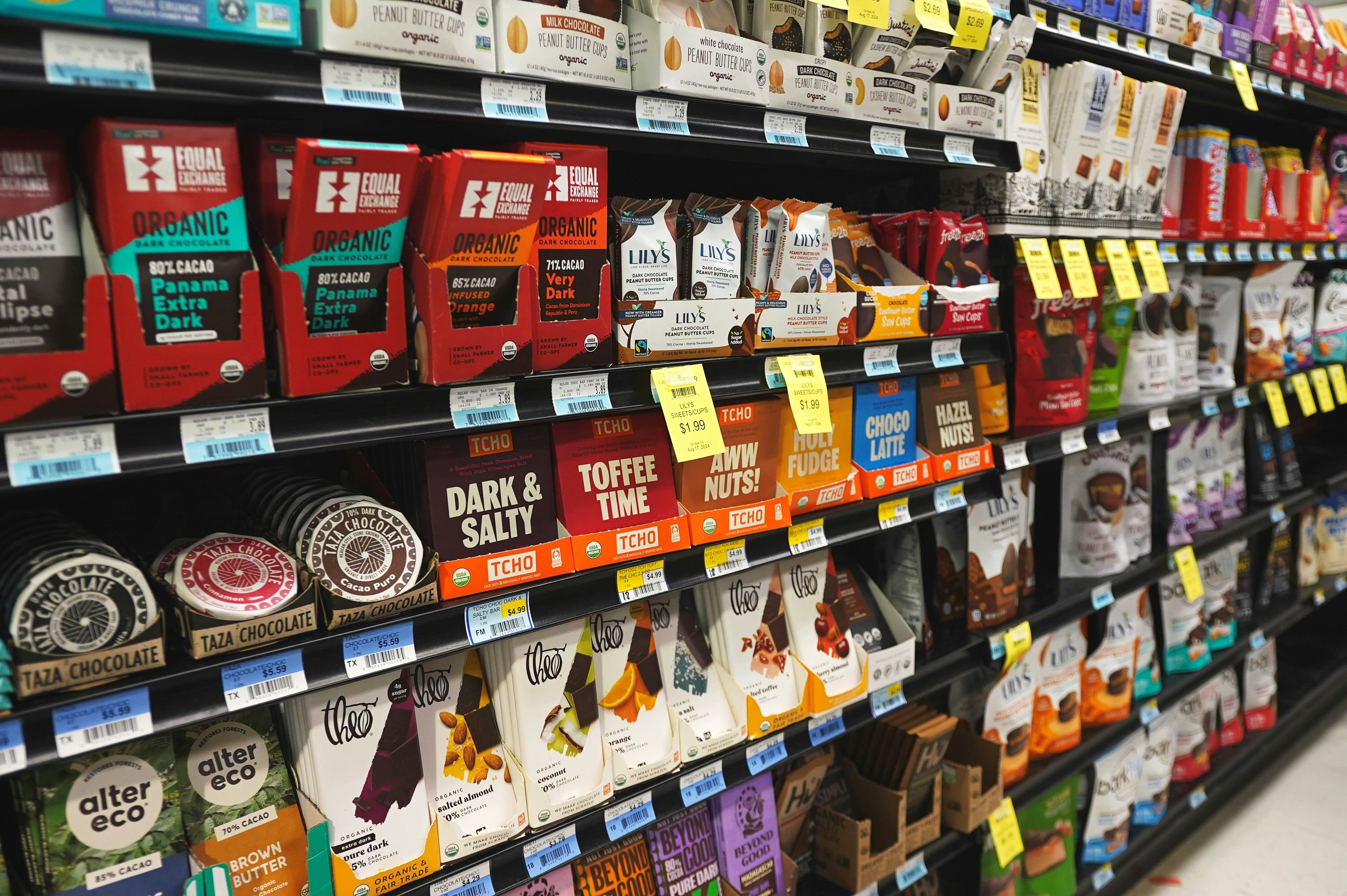 Grocery store shelves lined with products and price labels