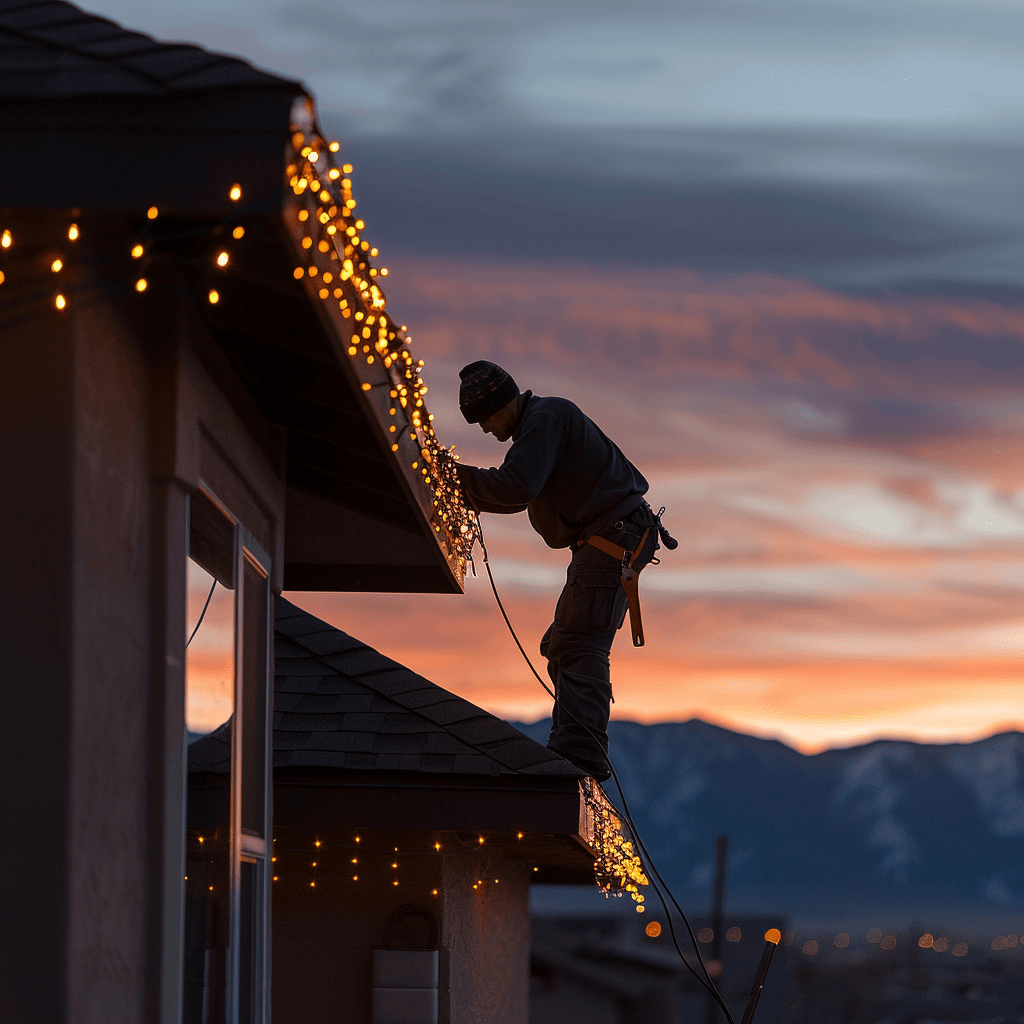 Landscaper using ladder to install holiday lights safely