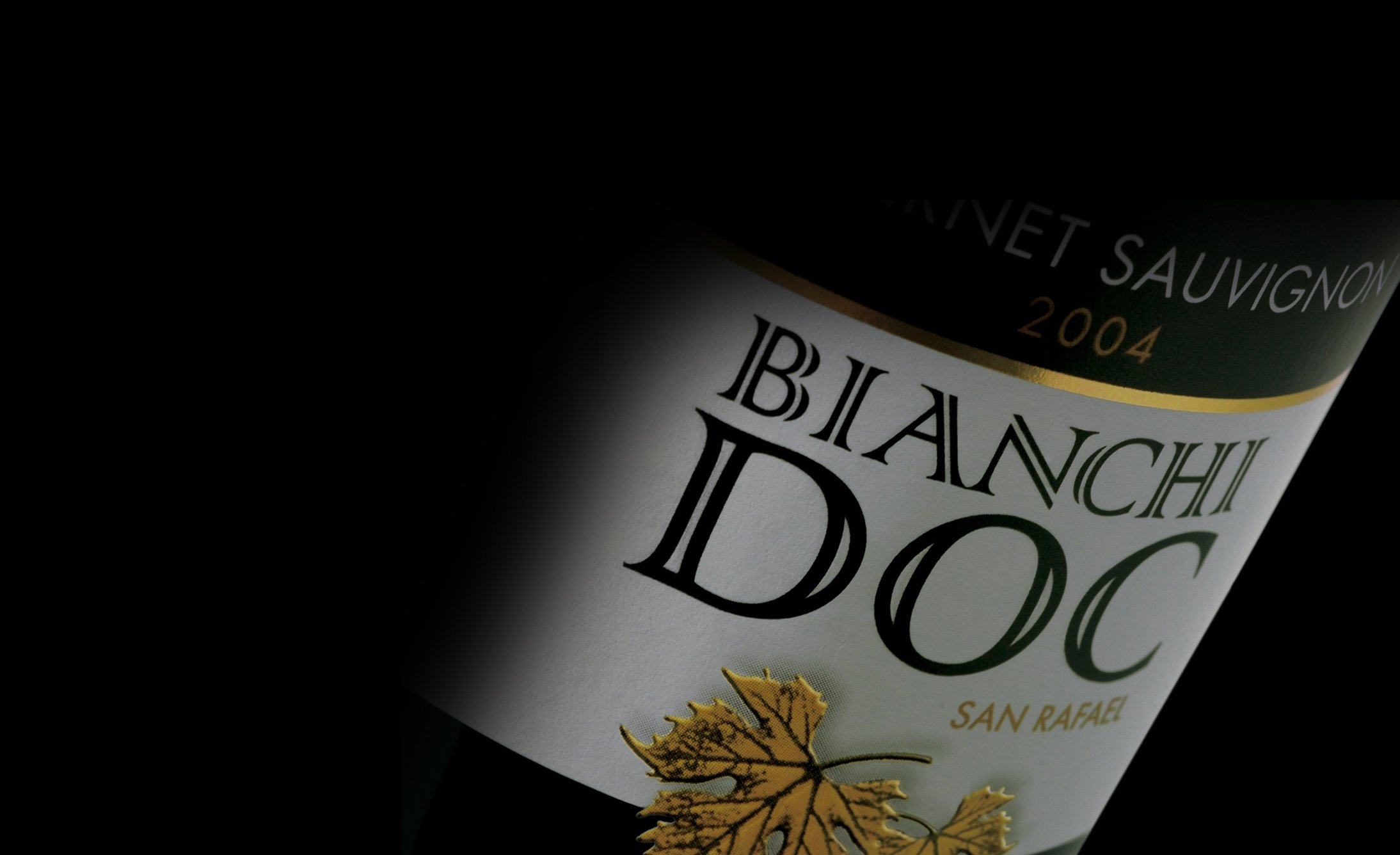 Close-up of a wine bottle labeled "Bianchi DOC San Rafael," featuring a golden grapevine design. The text "Cabernet Sauvignon 2004" is partially visible.