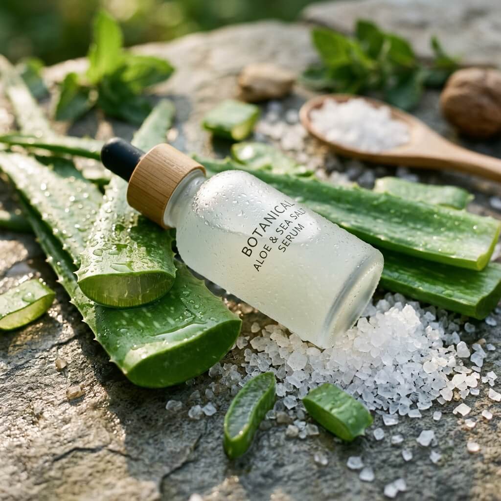 A frosted glass dropper bottle nestled in raw ingredients like aloe vera leaves and sea salt, natural sunlight, refreshing dew droplets.