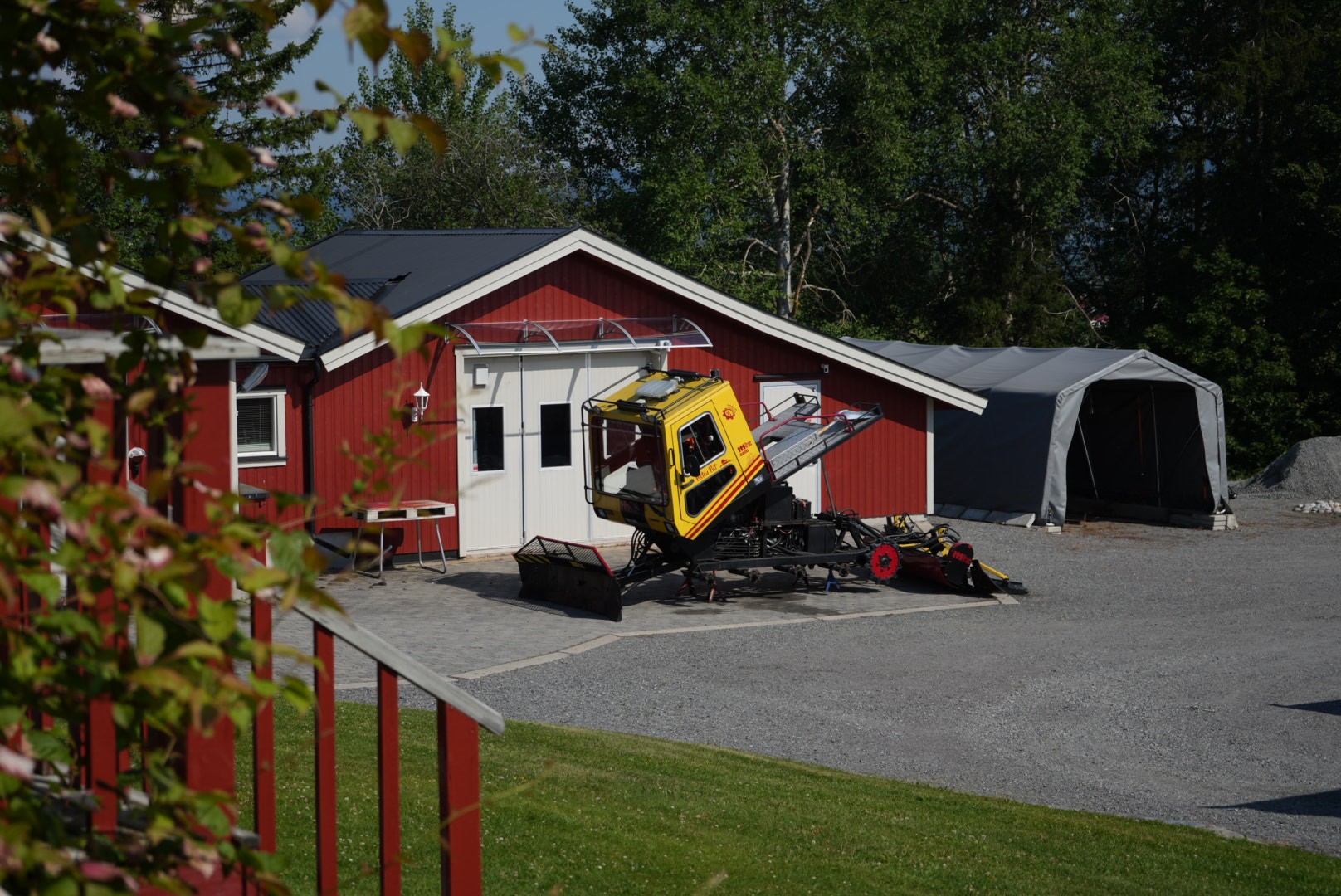 Sunlight streaming through lush green trees, casting shadows on a modern architectural building with glass panels and vertical wooden slats.