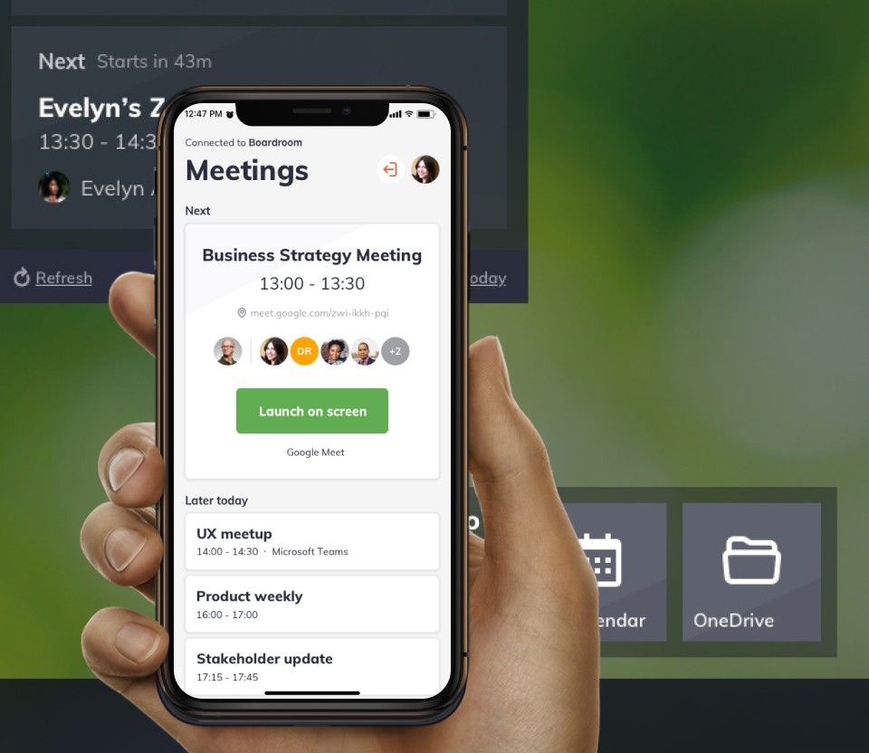 A list of upcoming meetings being shown on a mobile app, which can be join to instantly on the main display while connected