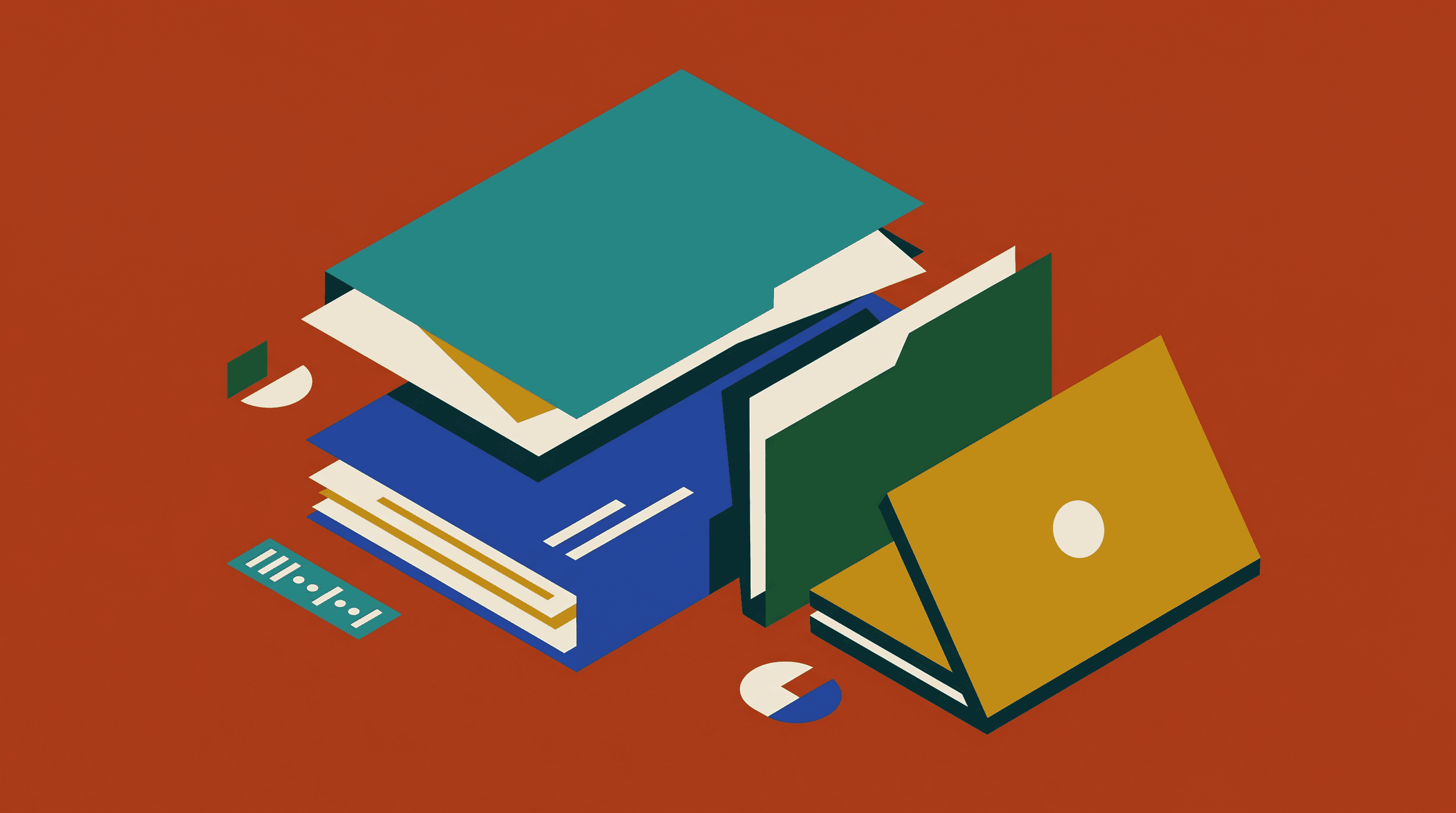 Color-coded research folders and paper bundles