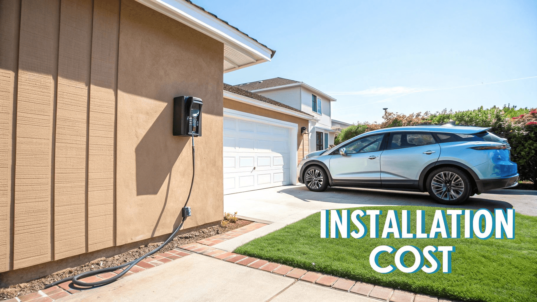 a wood home with an electric vehicle charger attached and a electric car in the driveway