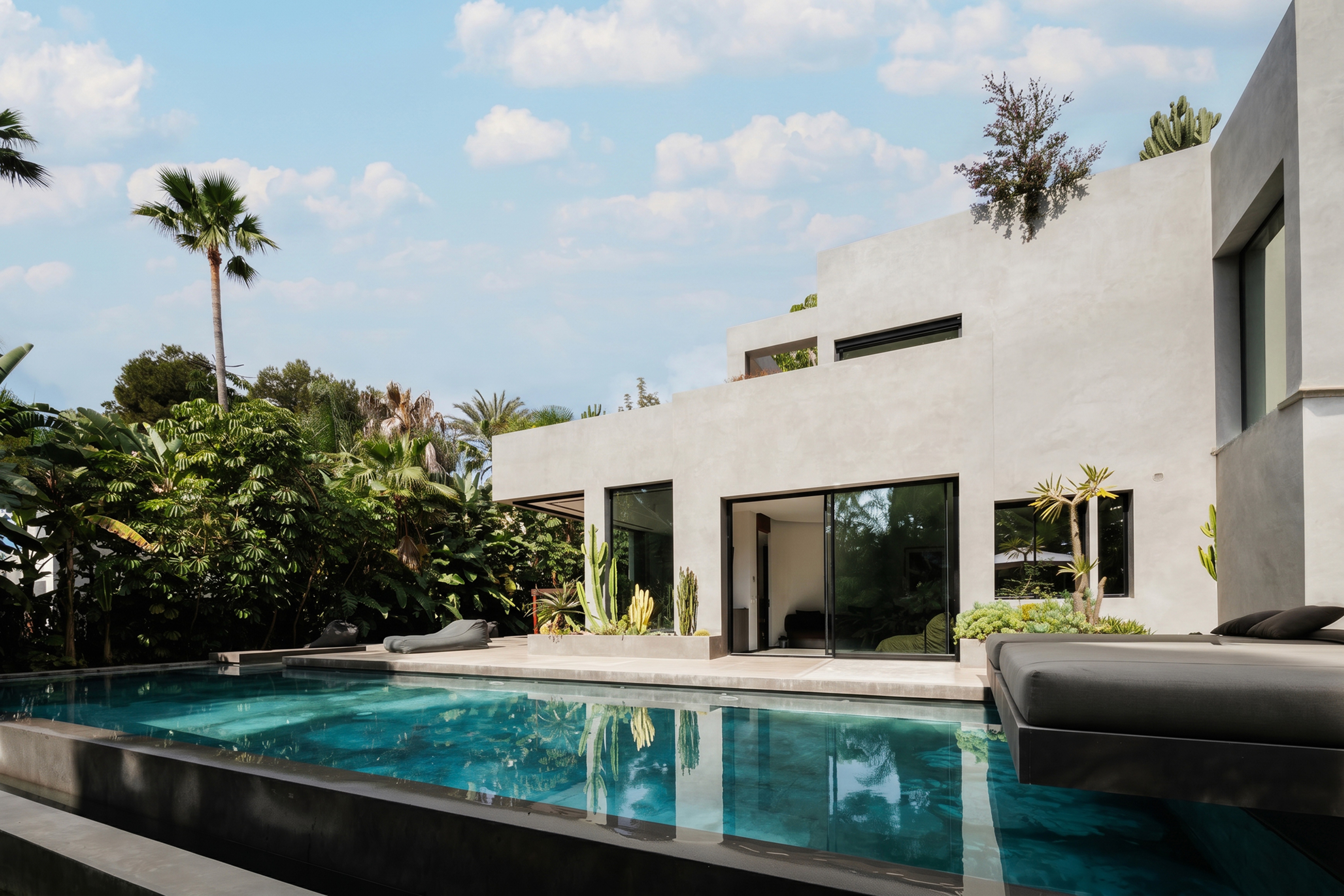 Pool and outdoor living area at Soul House, luxury villa in Los Monteros Marbella by Ghara
