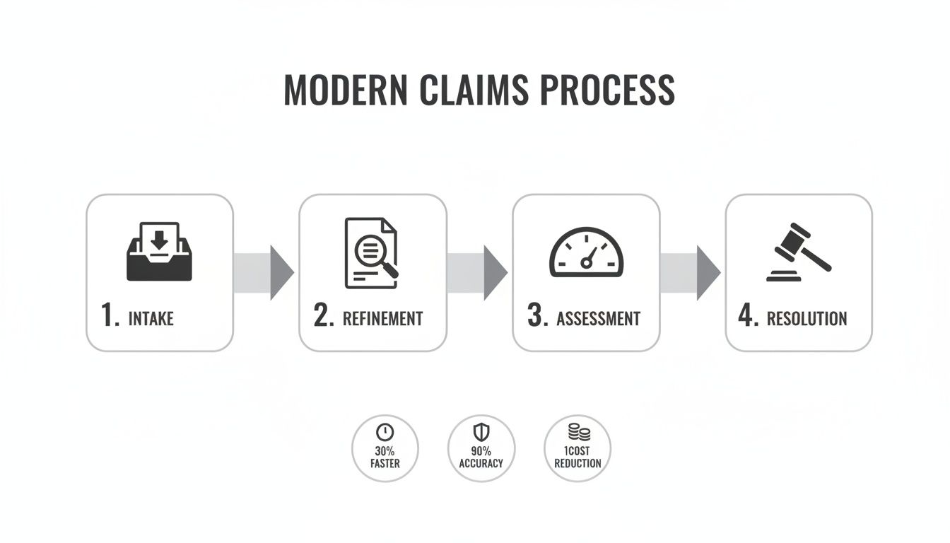 A modern claims process flowchart showing intake, refinement, assessment, and resolution steps with performance metrics.