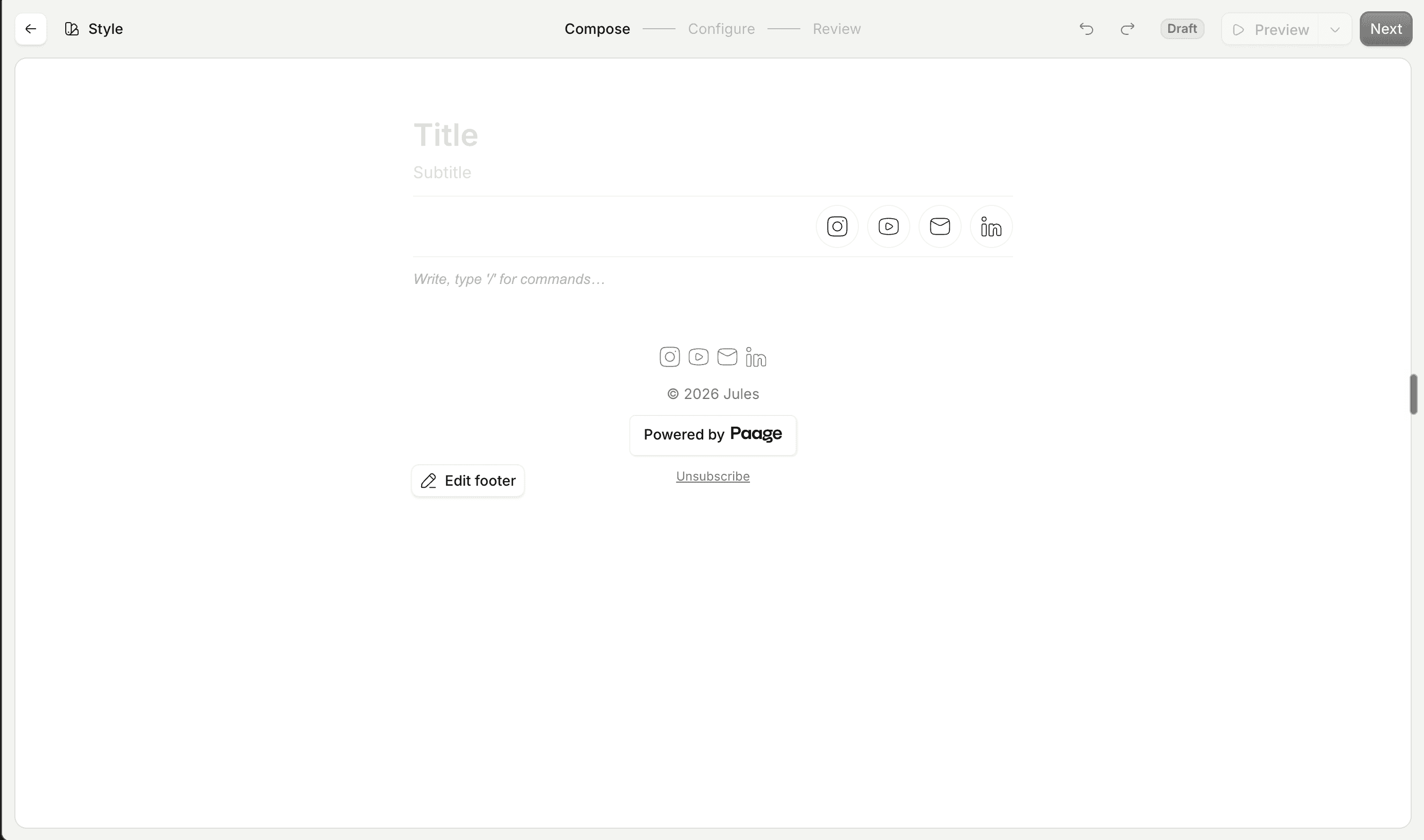 Paage email campaign editor used to announce a gift card offer to a subscriber list