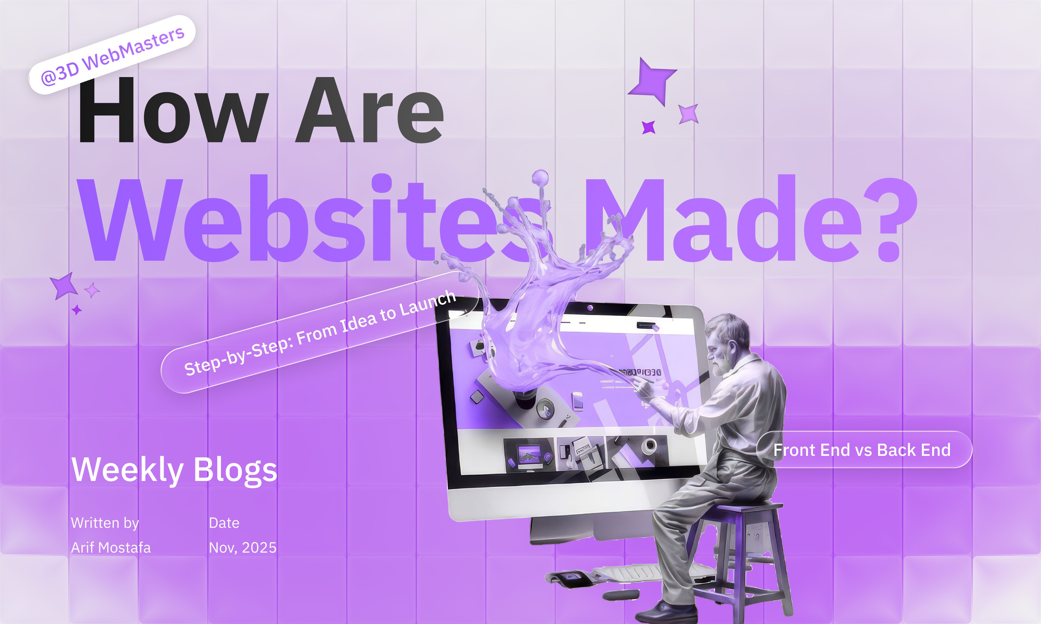 How Are Websites Made? hero with a designer sitting on a stool painting a computer screen, purple liquid splash effect, blog title and step-by-step labels.
