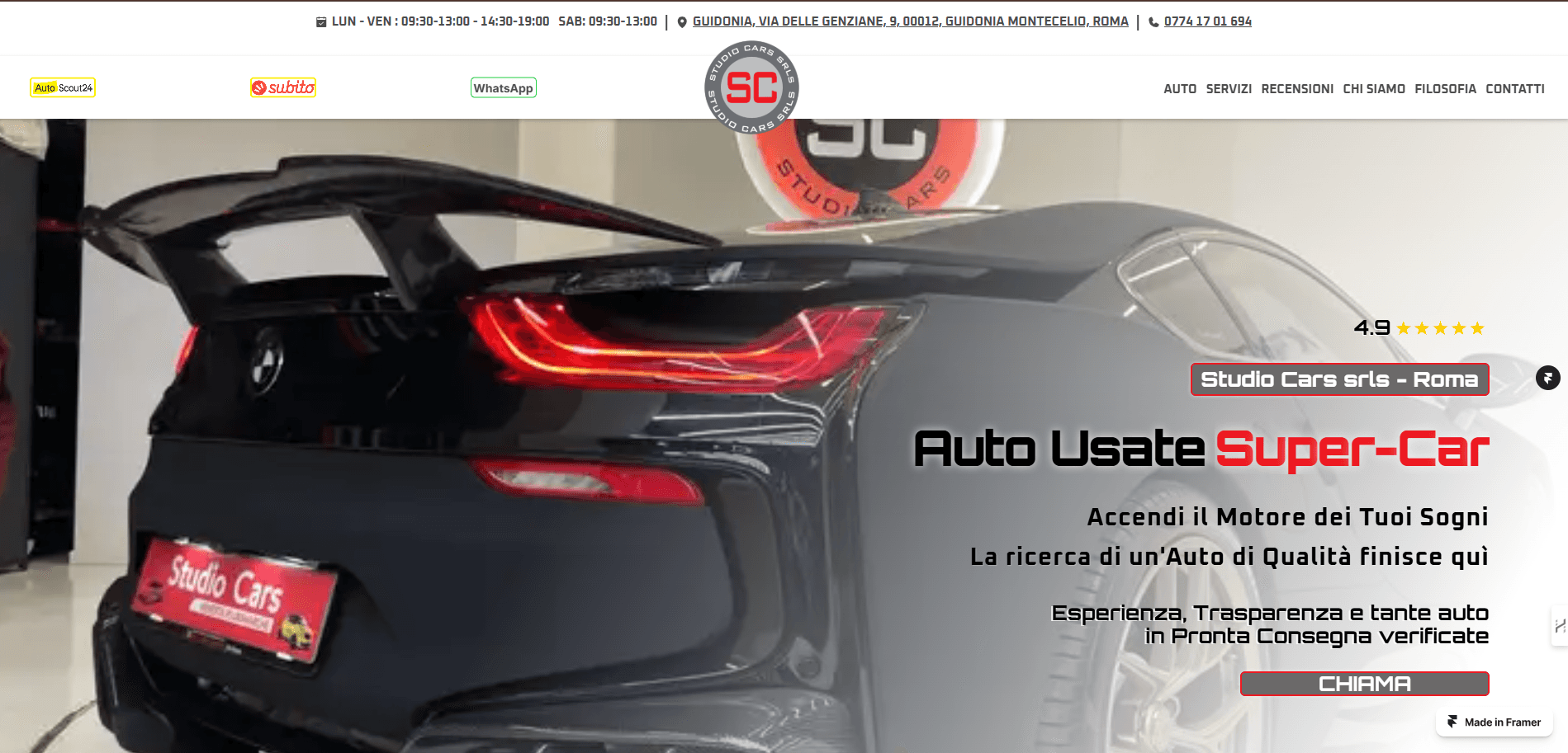 schermata del sito web per Studio Cars a Guidonia, realizzato da Green Code Agency con focus sulla velocità.