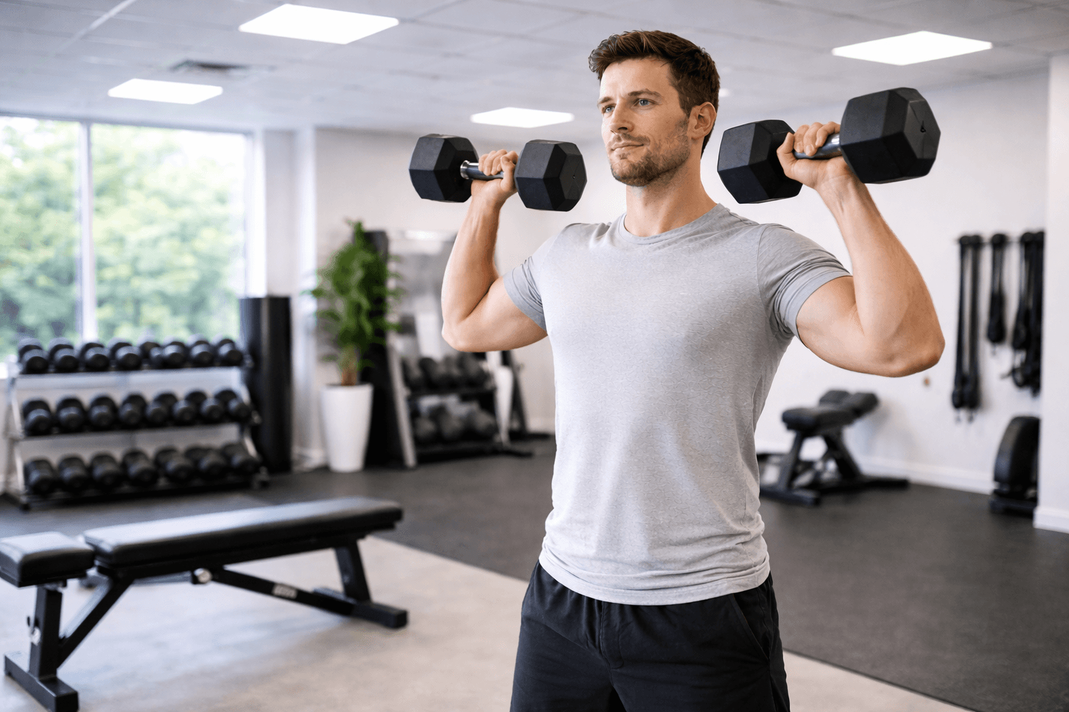 A man in a light grey t-shirt performing a standing dumbbell shoulder press in a modern, well-lit gym.