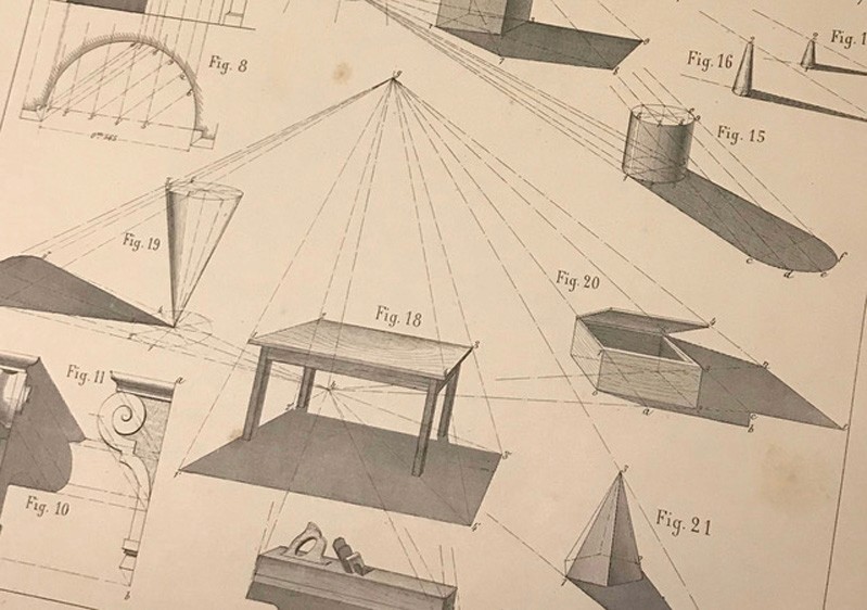 An isometric old drawing of different objects and shapes. This seems to show how the light falls on certain objects and how the shadow is created.