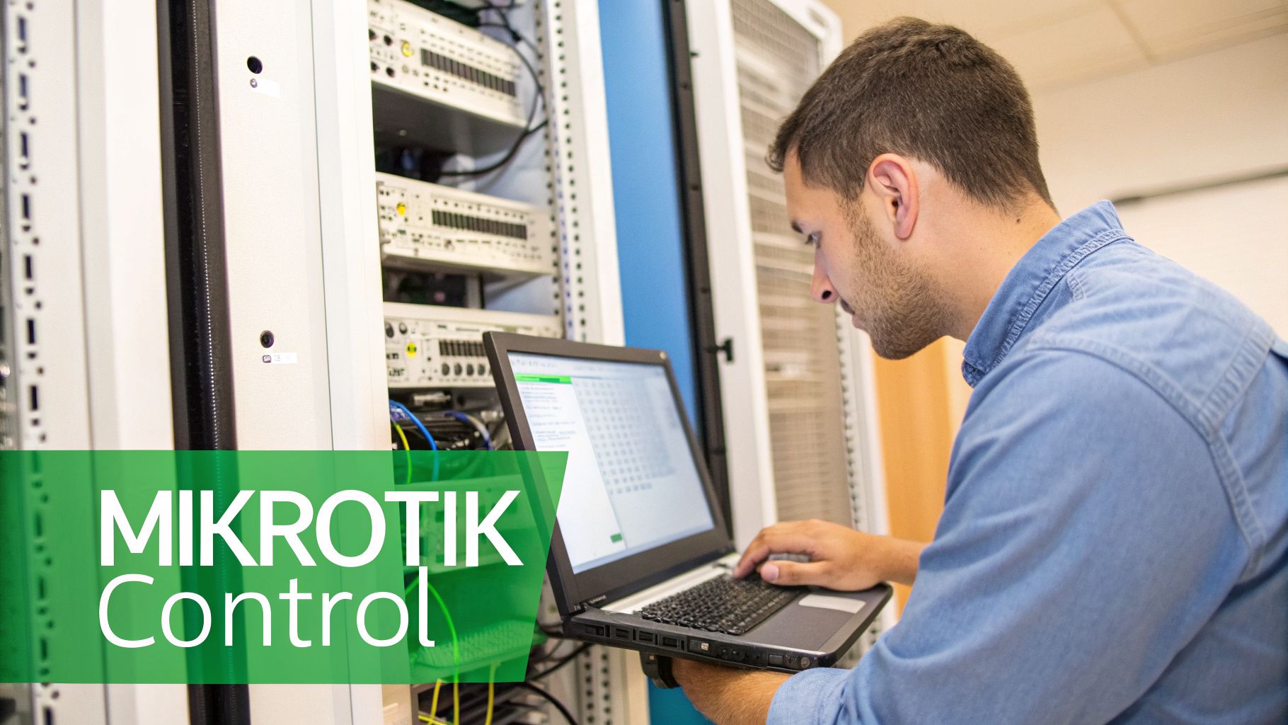 A technician uses a laptop to configure network servers in a data center.