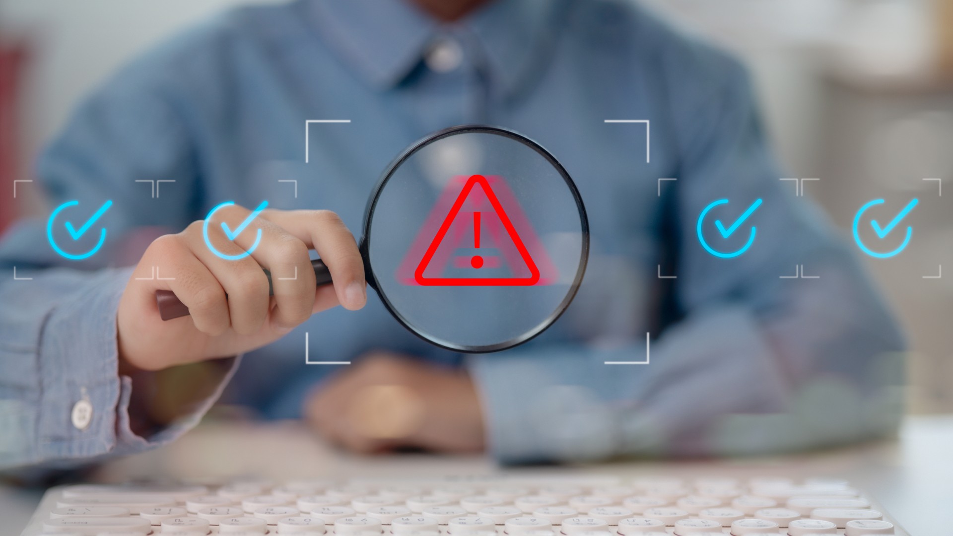 Person analysing a red warning alert through a magnifying glass to identify internal and external financial crime risks in compliance systems.