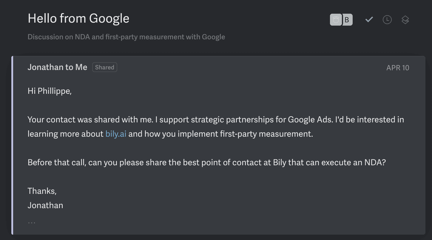 Email from a Google Ads partnerships representative asking Bily about first-party measurement in April 2025.