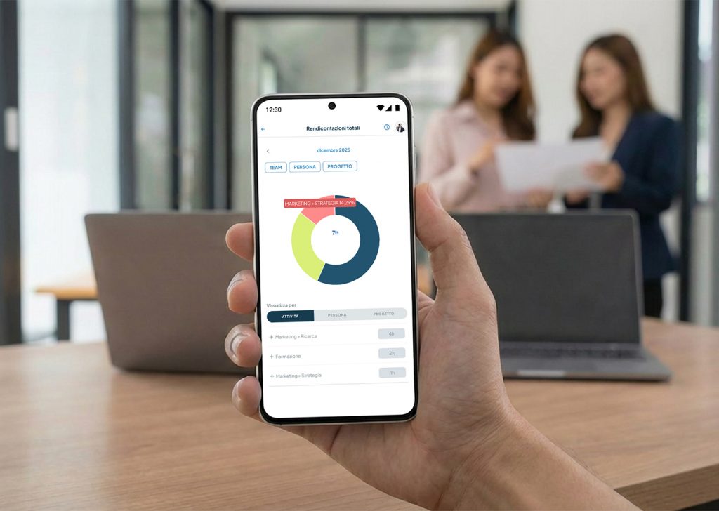 Una mano mostra un telefono su cui è aperto un report dati di Fluida, sullo sfondo c’è una scrivania e l’ambiente è un ufficio