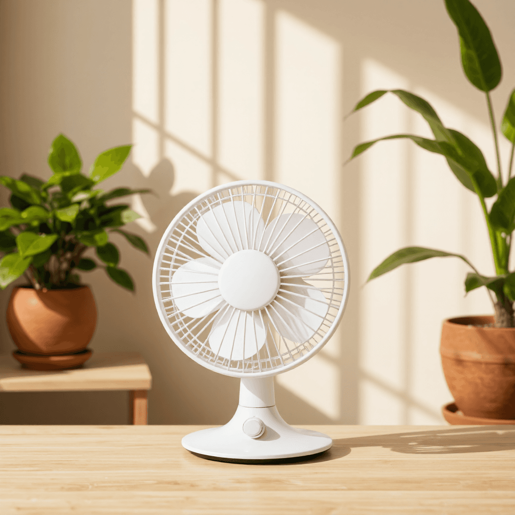 product photography of a small table fan for personal cooling