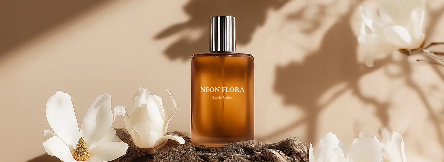 나무 위에 놓인 갈색 향수병과 흰 꽃이 함께 연출된 장면