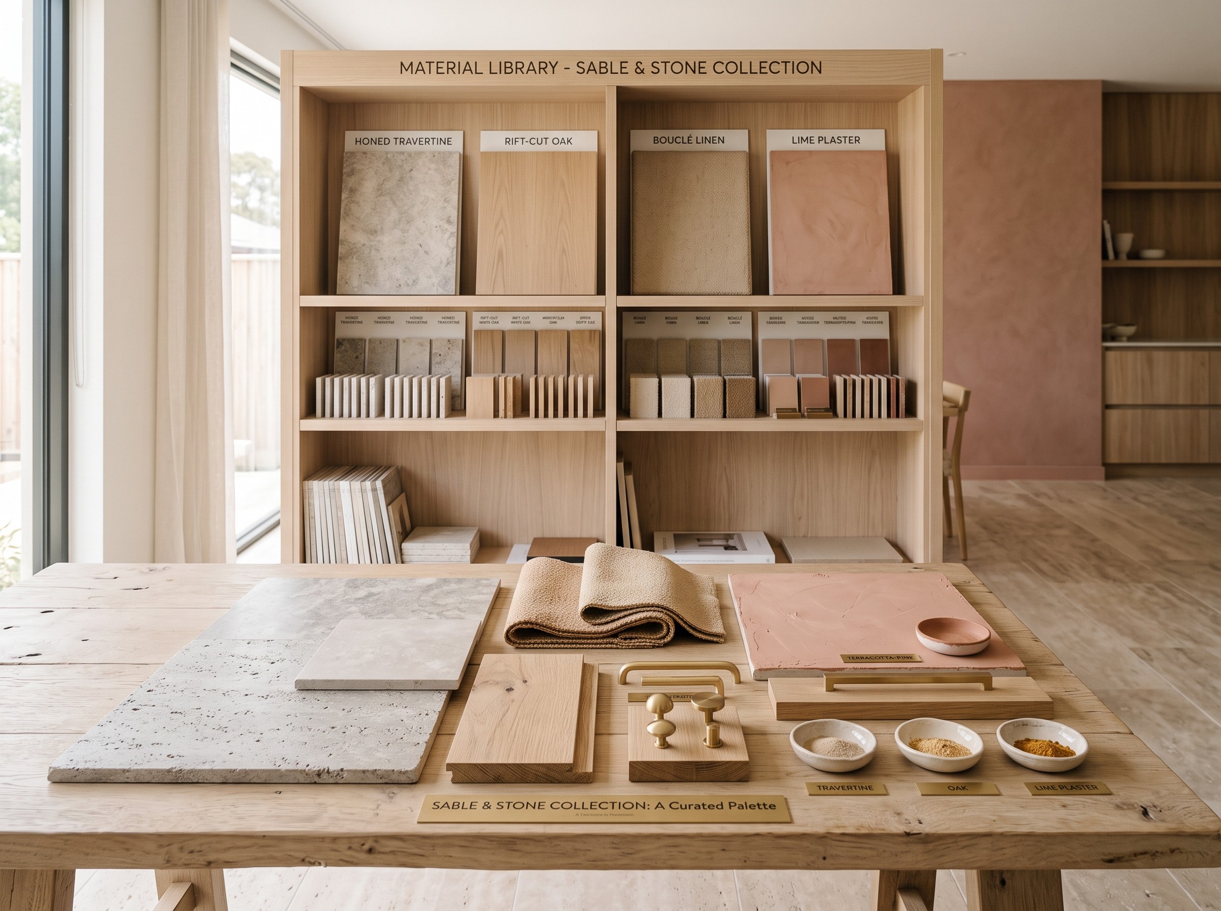 Material library shelf, the same stone, wood, and fabric samples neatly organised,
