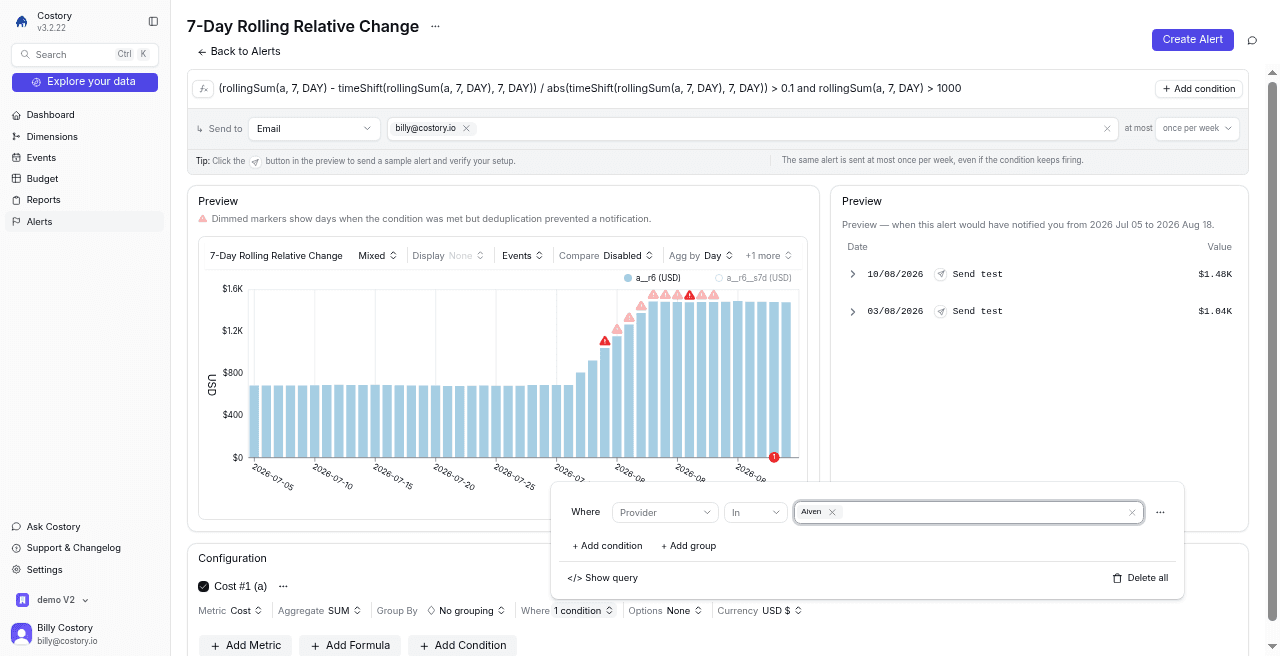 Alert if Aiven costs increase more than 10% over a week