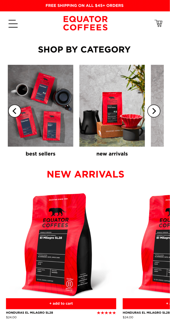 Mobile Shopify collection page for Equator Coffees showing coffee products and new arrivals