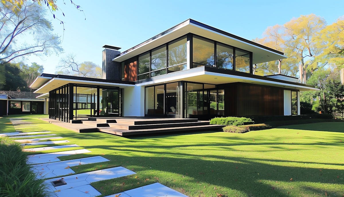 The same house with a freshly mown, edged lawn