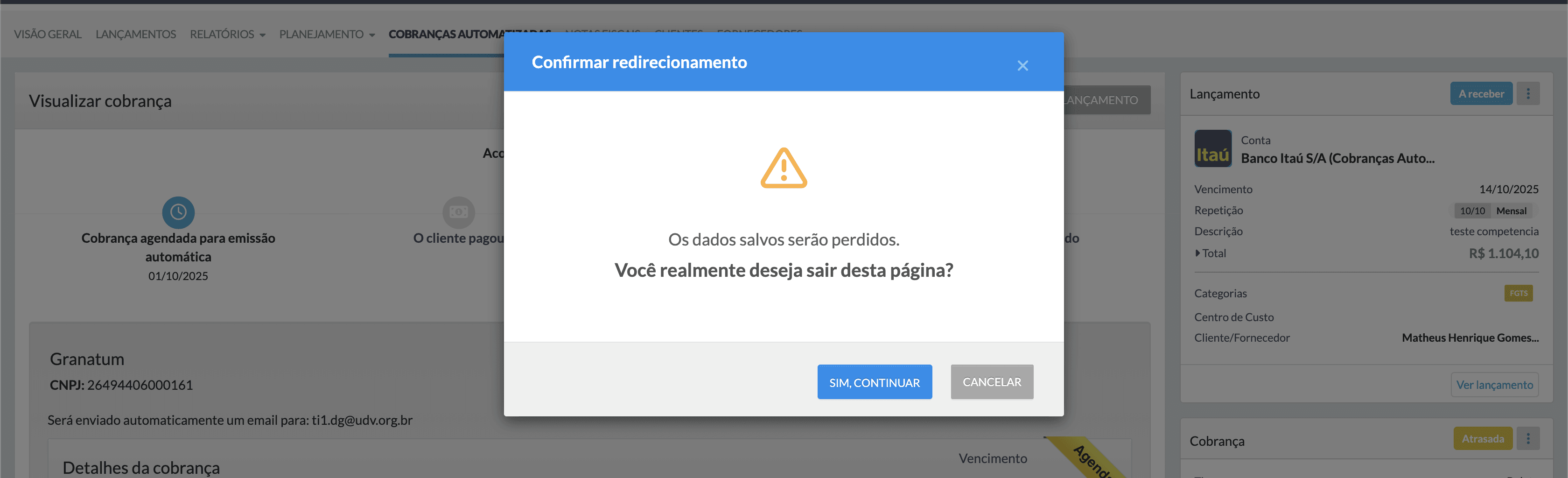 Aviso de redirecionamento