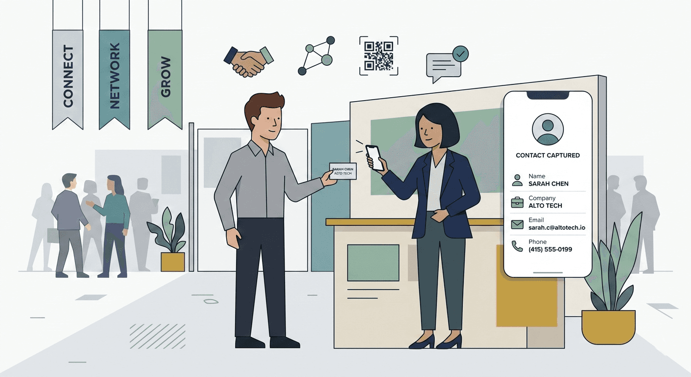 Scanning a business card with a Habsy mobile business card scanner at a networking event