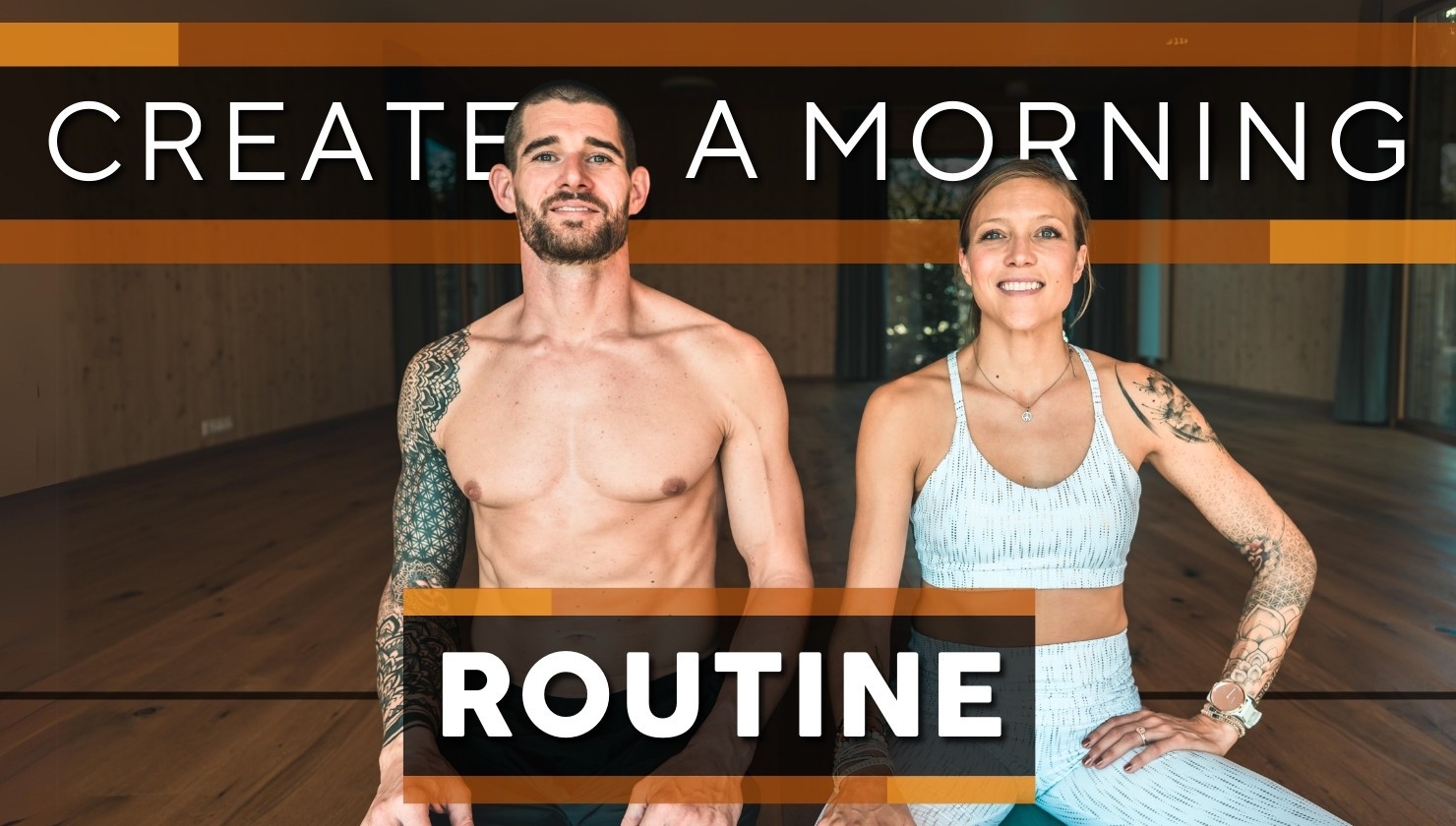 Create a morning routine program cover, featuring Bre and Flo sitting within a yoga studio.