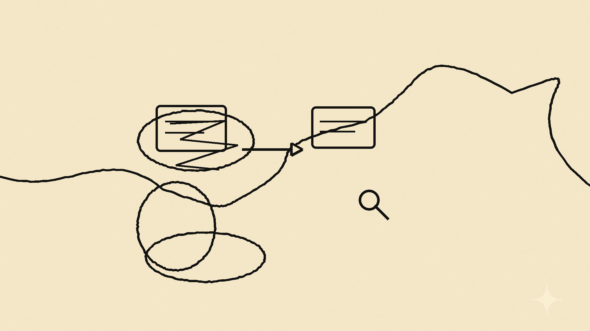 Editorial line drawing of stacked note cards, arrows, and search marks on warm cream paper.