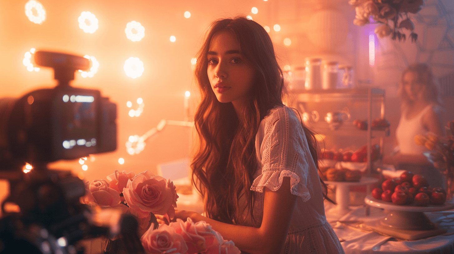 a staged influencer photoshoot with perfect lighting and fake lifestyle setup, assistants adjusting props, visible behind-the-scenes artificiality