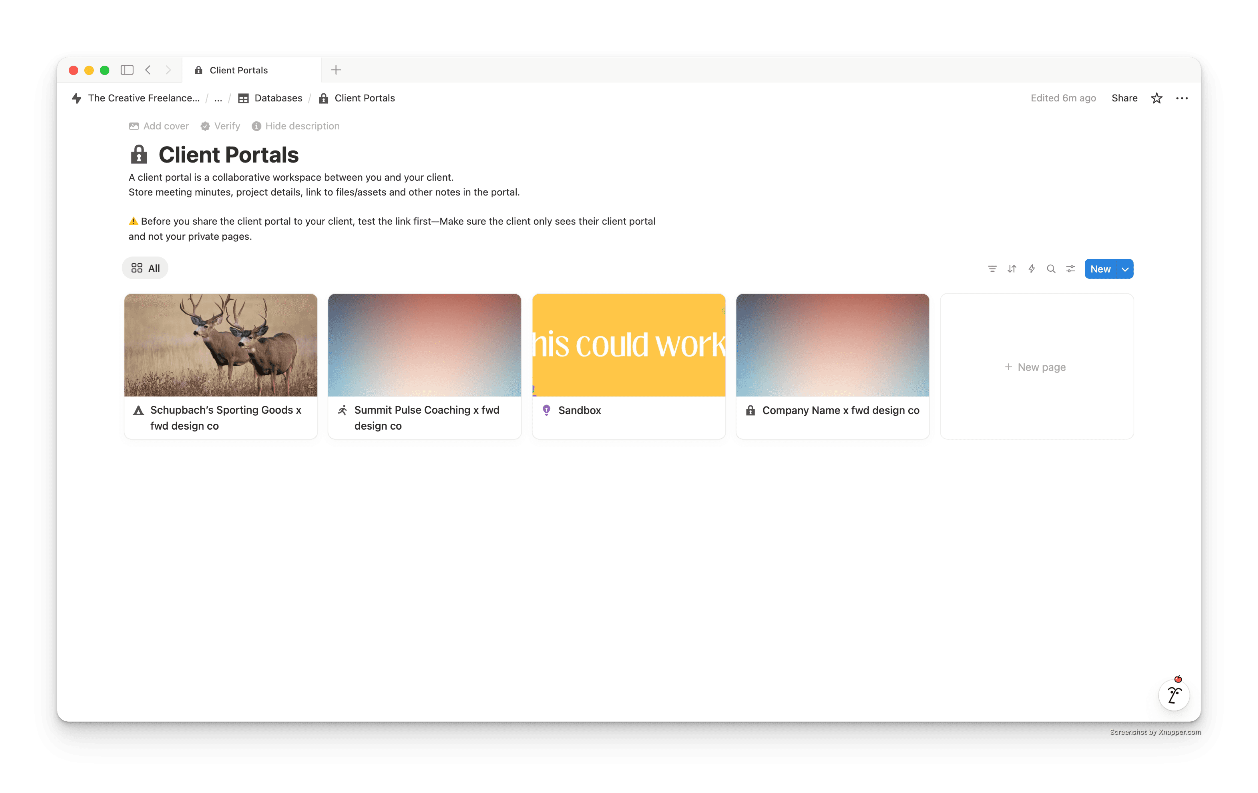 The Notion database of client portals, where each new Stripe subscription automatically creates a dedicated workspace for that client.