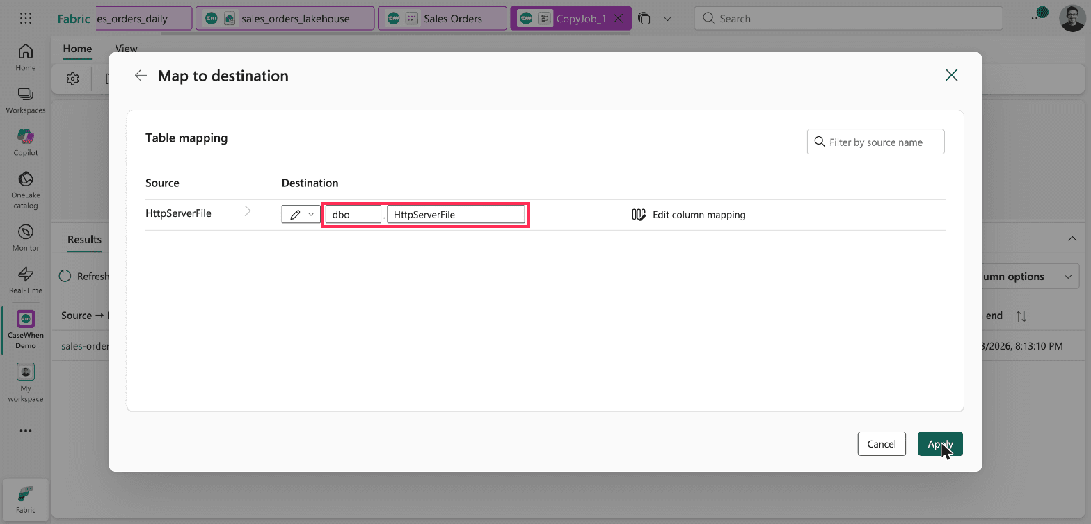 Map to destination table mapping after changing the source file, with the destination table name back to dbo.HttpServerFile, outlined