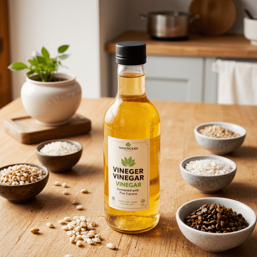 product photography of bottle of vinegar fermented with five grains