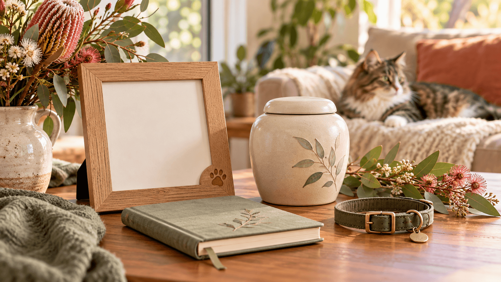 Conceptual cat memorial with a ceramic keepsake urn, blank photo frame, collar, journal and native flowers