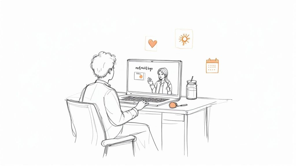 Una nutrióloga en línea brindando una consulta por videollamada a un empleado de oficina, mostrando la conveniencia del servicio.