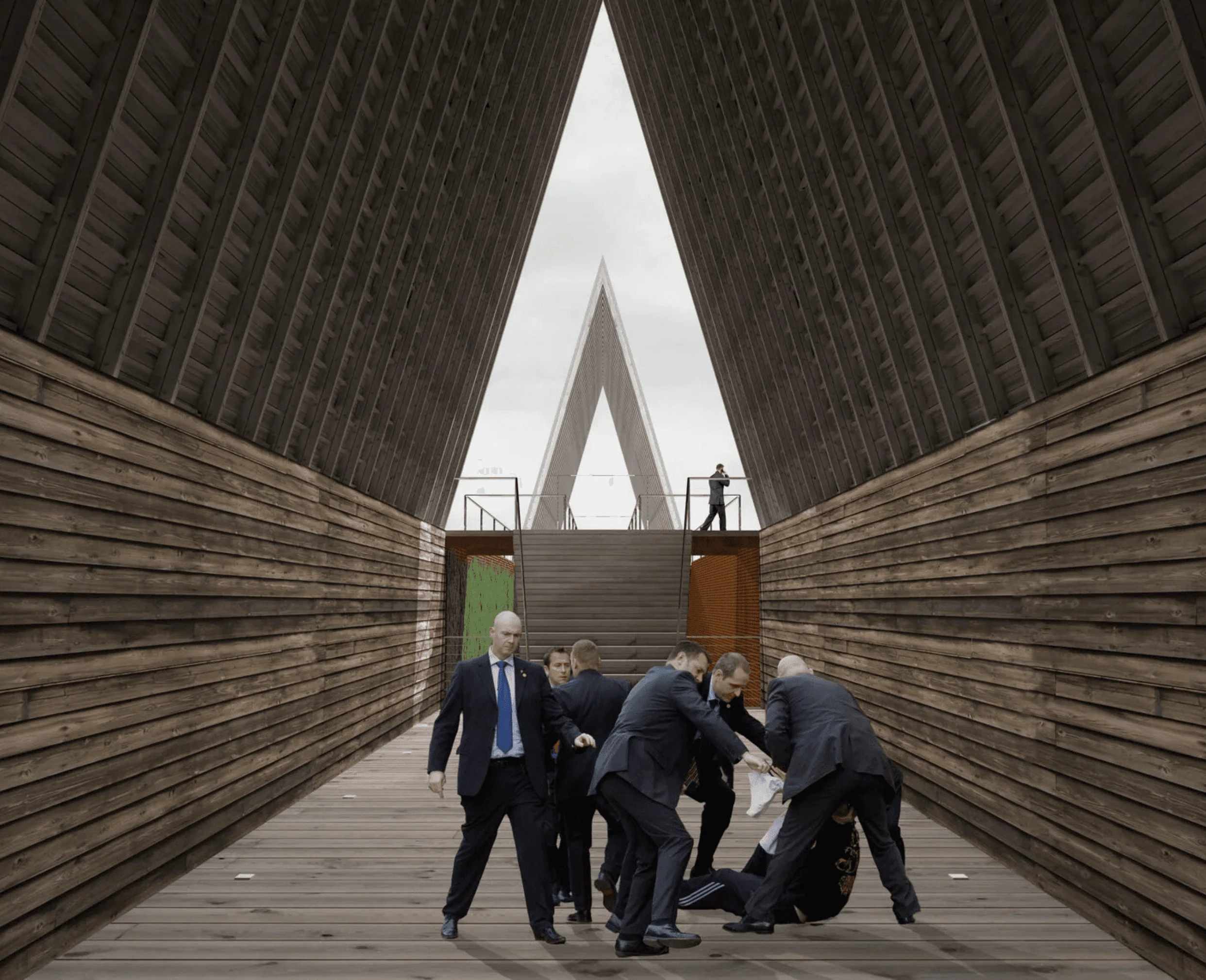 View from the bridge walkway looking toward the paired timber peaks of Ark House, with figures crossing between the two structures