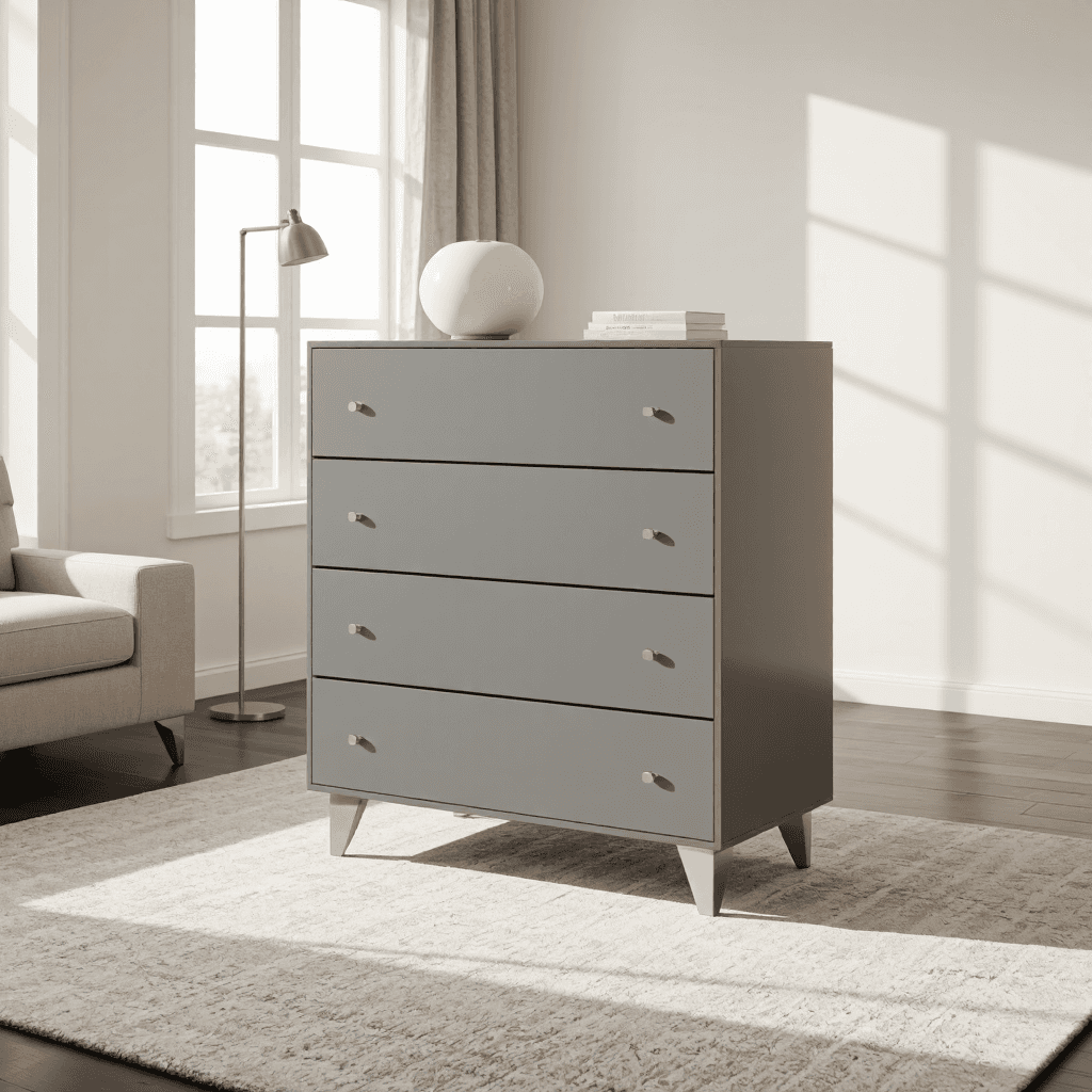 product photography of a modern chest of drawers with five storage compartments, suitable for organizing clothes and accessories