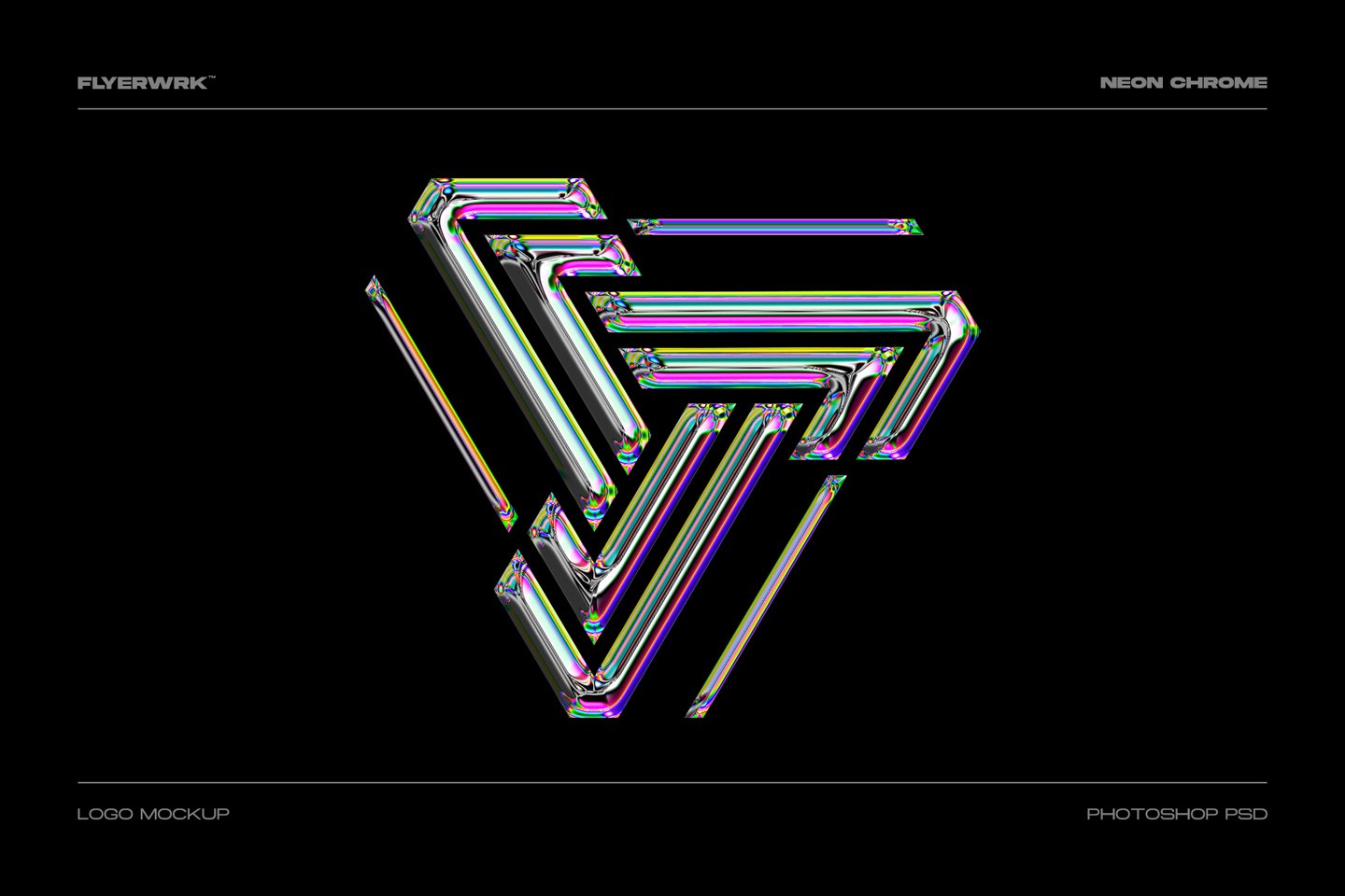 Neon chrome text effect logo mockup with reflective chrome lines on black background