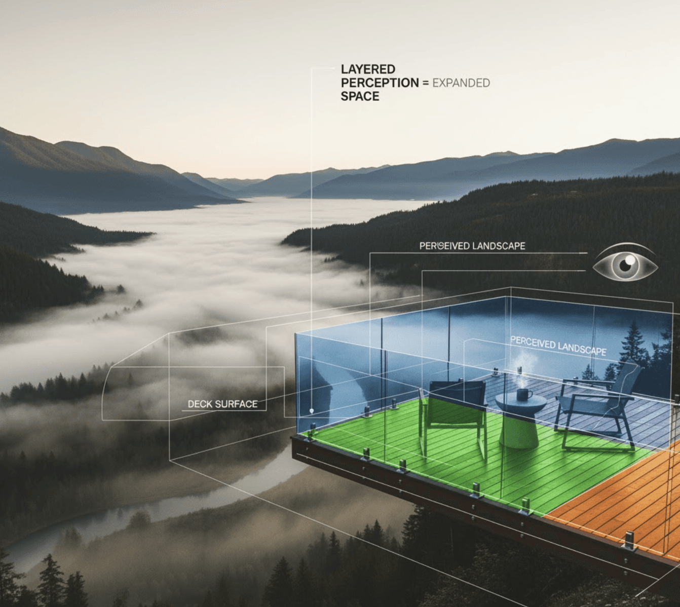 A conceptual, clean, and modern diagrammatic image overlaid on a photograph of a frameless glass deck railing overlooking a misty Fraser Valley landscape. The image should visually represent the concept of 'layered perception' and 'expanded space'. Use subtle, glowing lines and transparent planes to illustrate distinct spatial layers: the 'deck surface', the 'transparent barrier' (glass railing), and the 'perceived landscape beyond'. Show a subtle outline or visual effect around the landscape beyond the glass railing, extending into the distance, with a label indicating 'Perceived Landscape' and 'Expanded Space