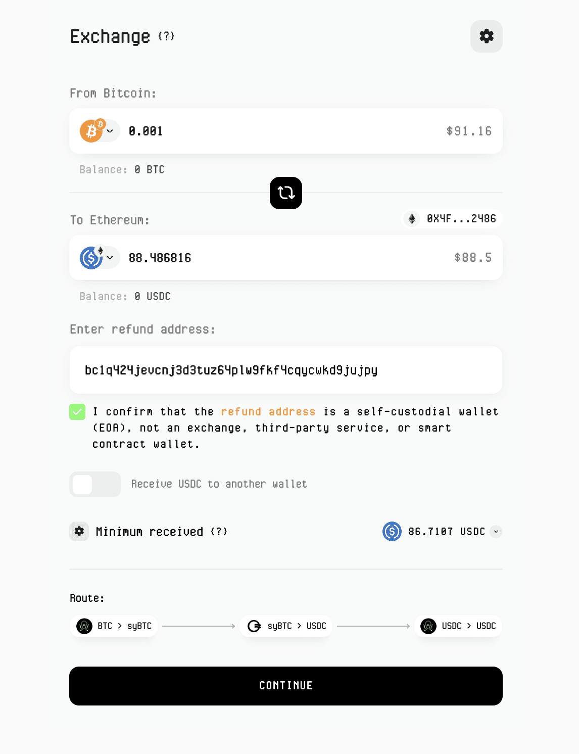 Symbiosis interface showing a BTC to USDC bridge transaction, including amount input, refund address, minimum received value and the full cross-chain route