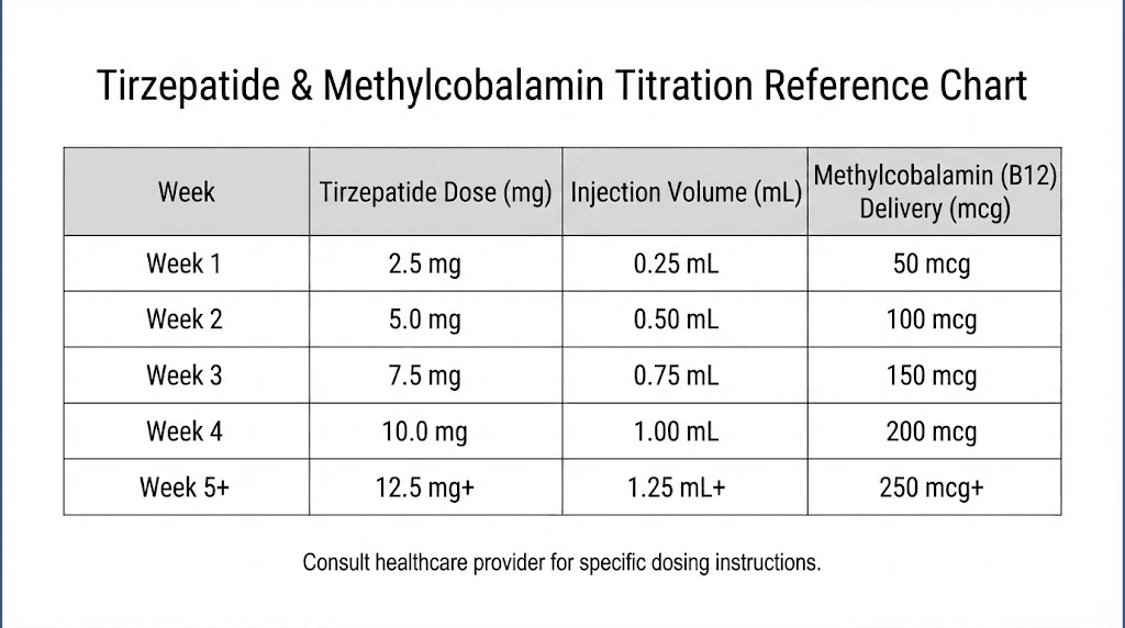 Tirzepatide methylcobalamin dosage chart with weekly titration schedule