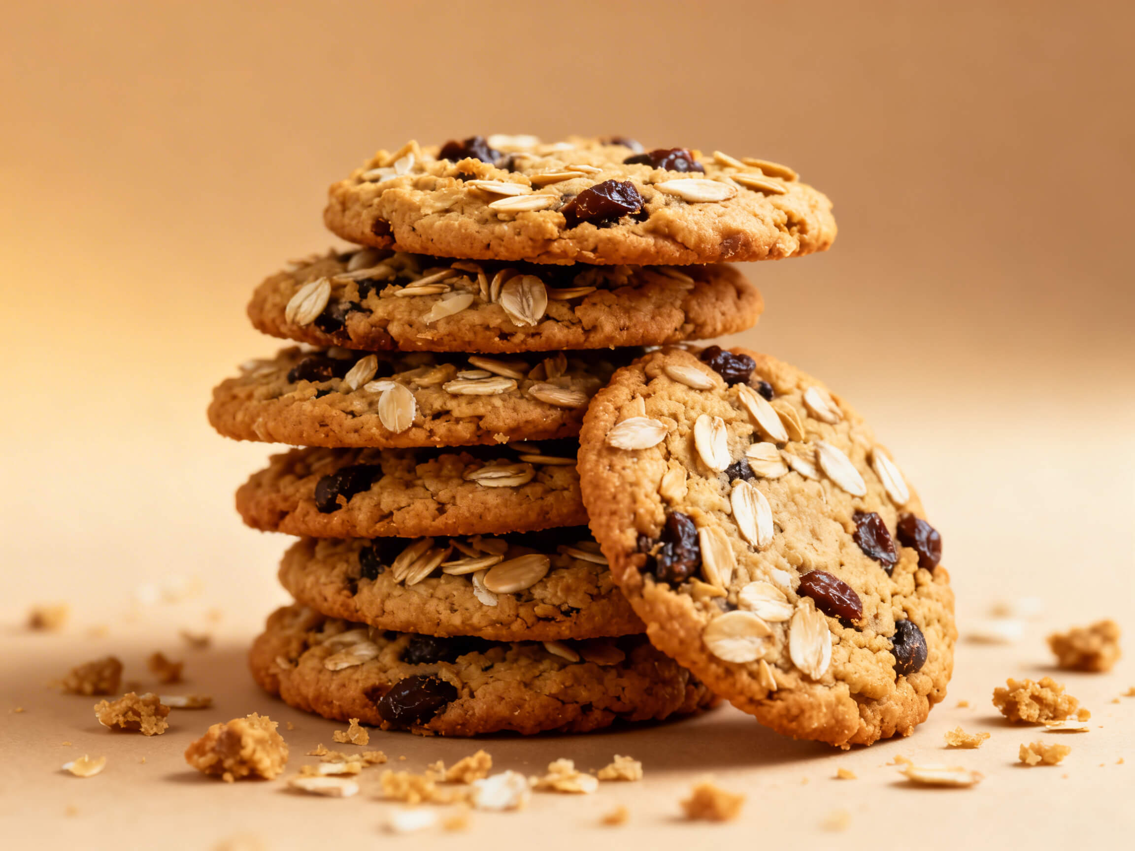 Oatmeal raisin cookie with a chewy texture on a rich brown background