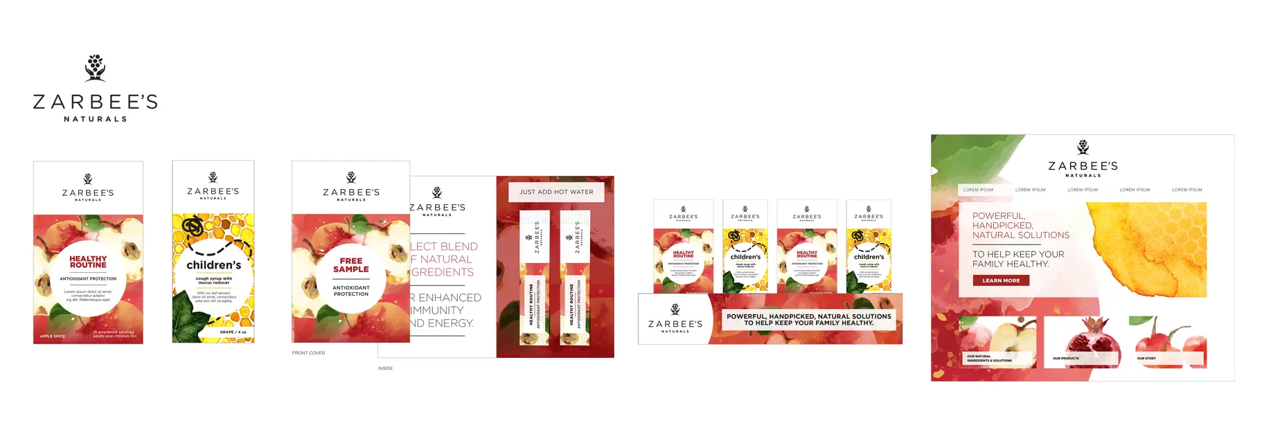 Brand packaging exploration for Zarbee's Naturals qualitative testing — a watercolor-style visual direction applied across product packaging for Healthy Routine and Children's lines, sample packets, retail display strips, branded product lineup, and a responsive website mockup, all featuring natural fruit photography with soft painted edges.